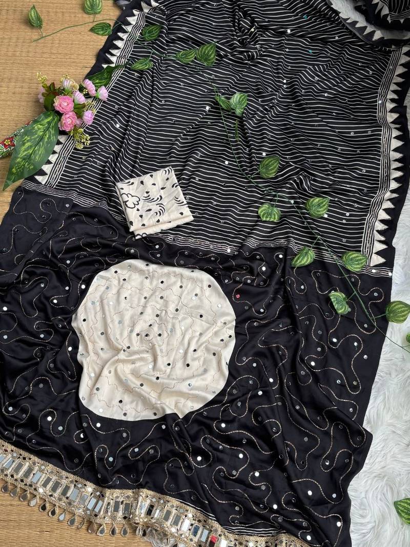 Black Color Printed And  Real Mirror  Work Silk Blend Saree