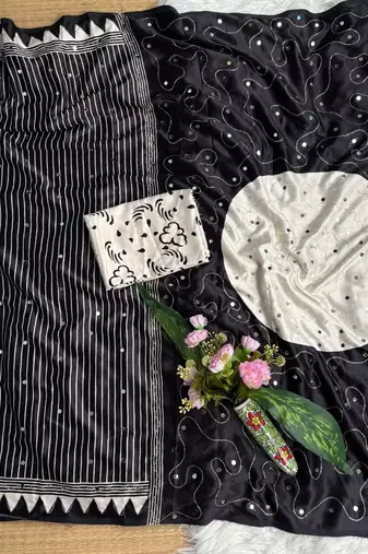 Black Printed And Real Mirror Work Silk Blend Saree