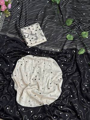 Black Color Printed And  Real Mirror  Work Silk Blend Saree 3