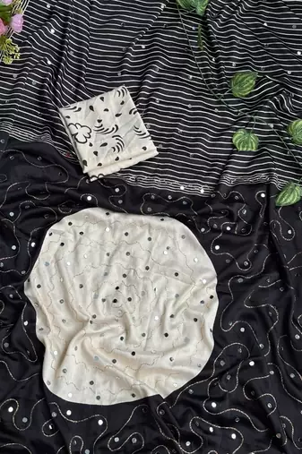 Black Printed And Real Mirror Work Silk Blend Saree