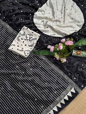 Black Color Printed And  Real Mirror  Work Silk Blend Saree 4
