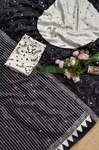 Black Printed And Real Mirror Work Silk Blend Saree