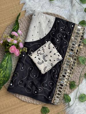 Black Color Printed And  Real Mirror  Work Silk Blend Saree 5