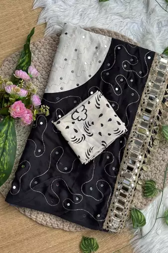 Black Printed And Real Mirror Work Silk Blend Saree