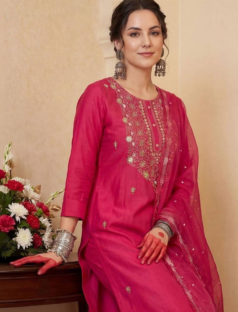 Women Floral Embroidered Regular Thread Work Kurta with Trousers & With Dupatta