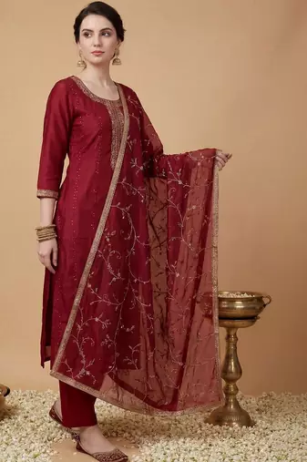 Women Ethnic Motifs Embroidered Regular Sequinned Kurta with Trousers & With Dupatta