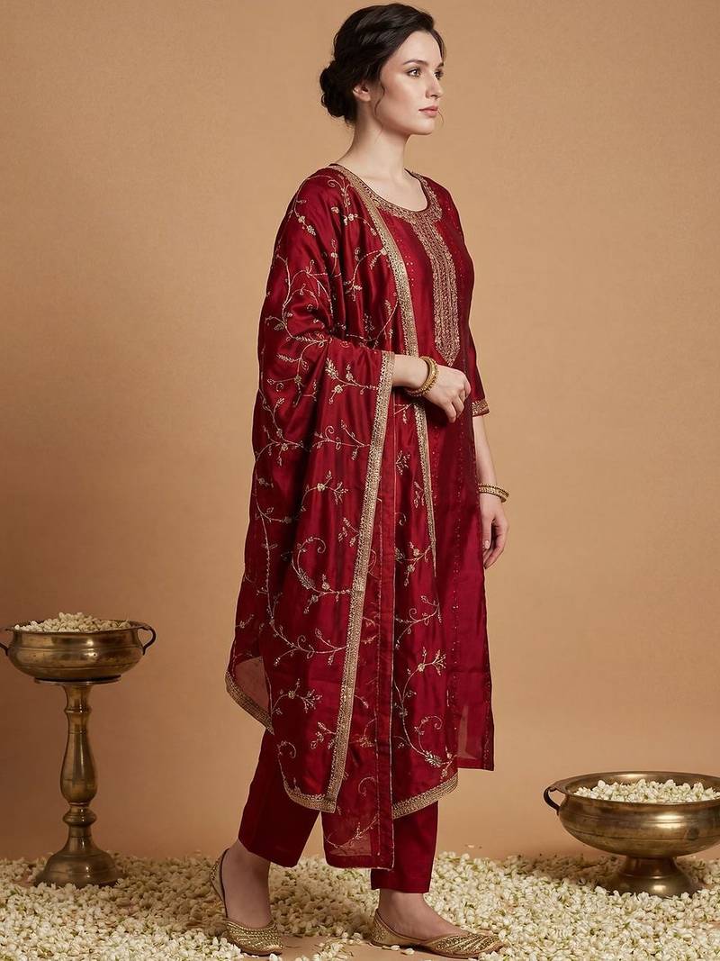 Women Ethnic Motifs Embroidered Regular Sequinned Kurta with Trousers & With Dupatta