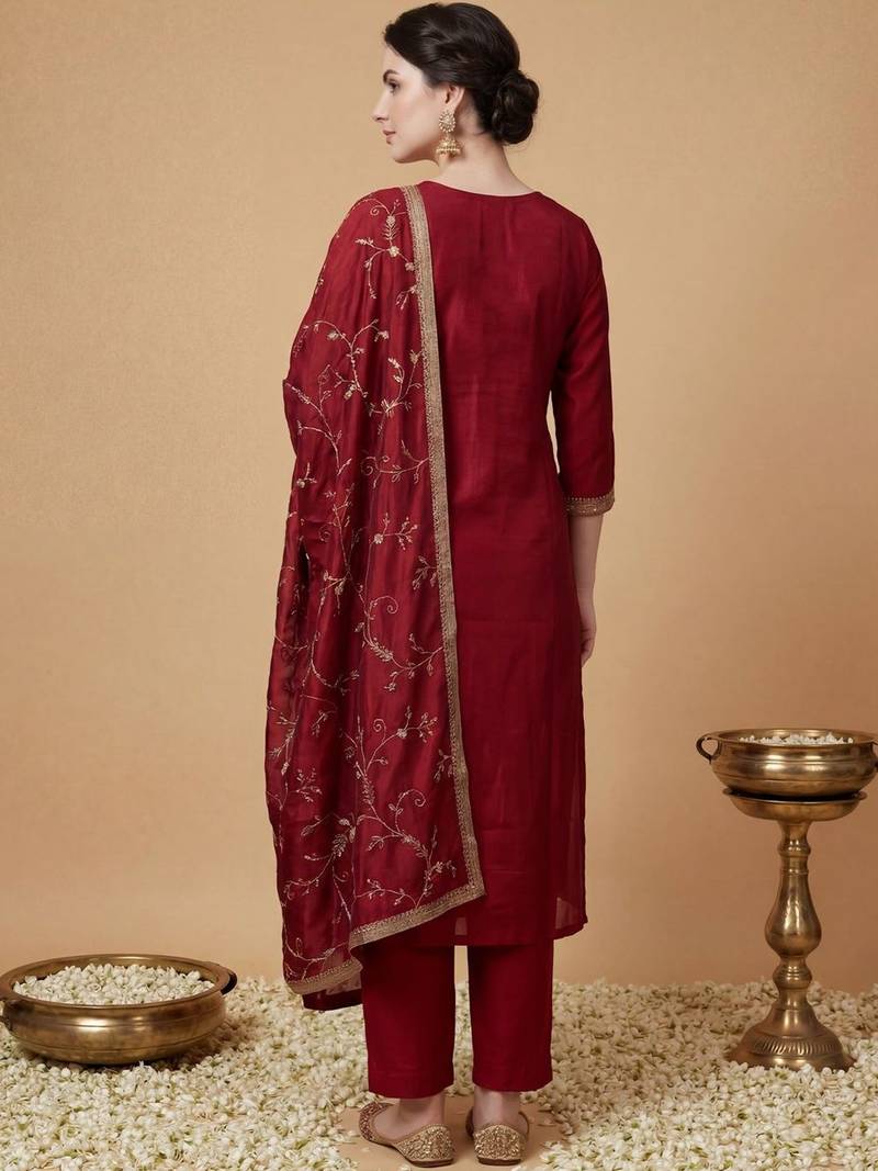 Women Ethnic Motifs Embroidered Regular Sequinned Kurta with Trousers & With Dupatta