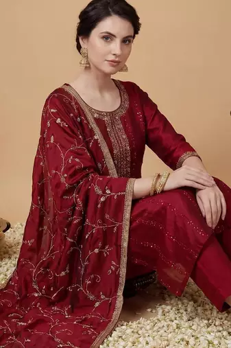 Women Ethnic Motifs Embroidered Regular Sequinned Kurta with Trousers & With Dupatta