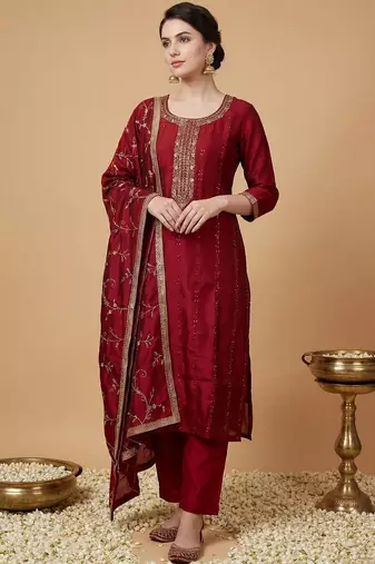 Women Ethnic Motifs Embroidered Regular Sequinned Kurta with Trousers & With Dupatta