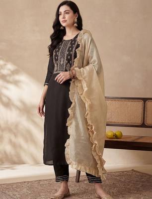 Women Embroidered Regular Liva Kurta with Trousers & With Dupatta 1