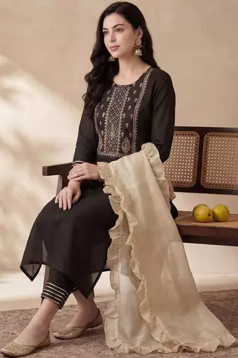 Women Embroidered Regular Liva Kurta with Trousers & With Dupatta