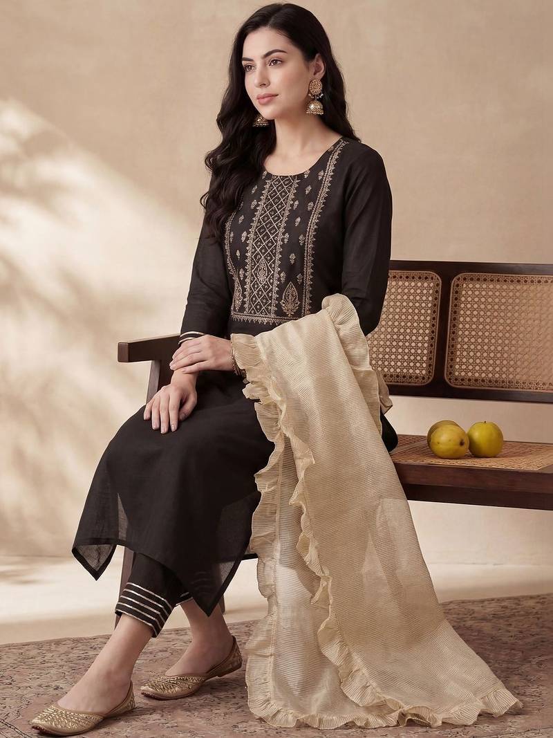 Women Embroidered Regular Liva Kurta with Trousers & With Dupatta