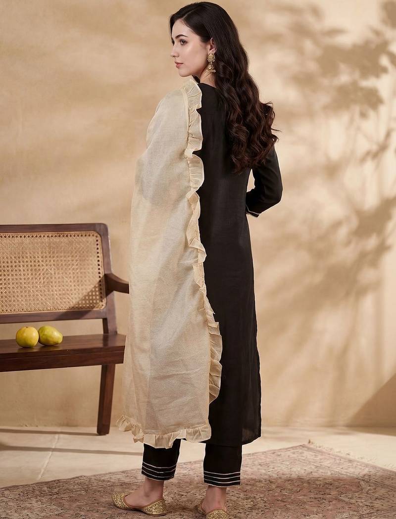 Women Embroidered Regular Liva Kurta with Trousers & With Dupatta