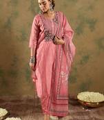 Women Floral Embroidered Regular Thread Work Chanderi Silk Kurta with Trousers & With Dupatta