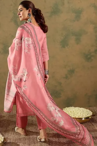 Women Floral Embroidered Regular Thread Work Chanderi Silk Kurta with Trousers & With Dupatta