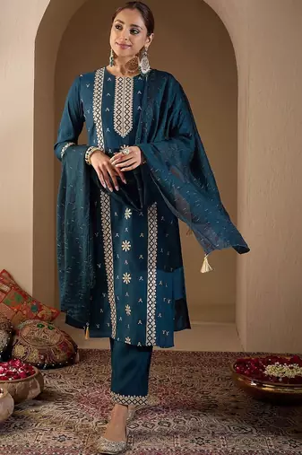 Women Ethnic Motifs Embroidered Regular Sequinned Kurta with Trousers & With Dupatta