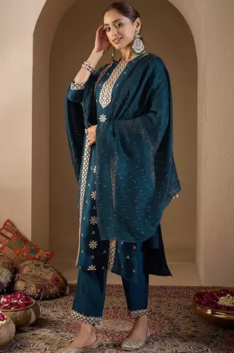 Women Ethnic Motifs Embroidered Regular Sequinned Kurta with Trousers & With Dupatta