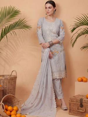 Women Floral Embroidered Regular Sequinned Pure Cotton Kurta with Trousers & With Dupatta 1