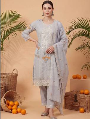Women Floral Embroidered Regular Sequinned Pure Cotton Kurta with Trousers & With Dupatta 5