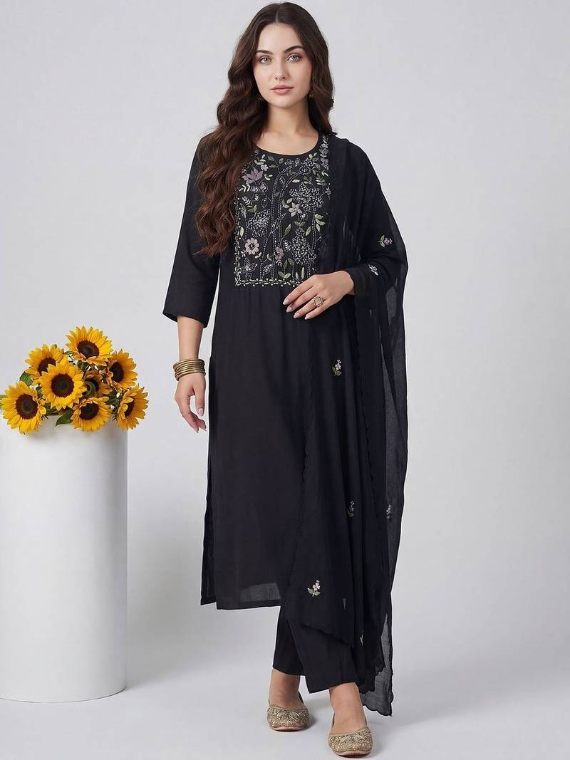 Women Floral Embroidered Regular Thread Work Kurta with Trousers & With Dupatta
