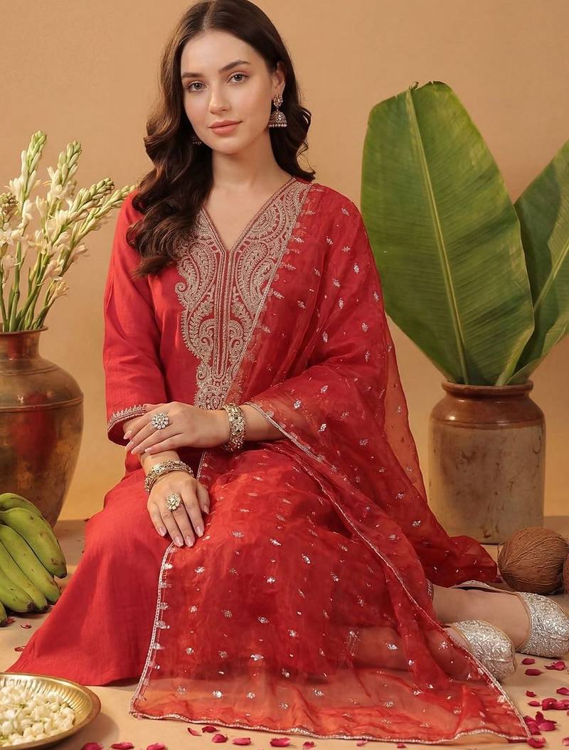 Women Paisley Embroidered Regular Sequinned Liva Kurta with Trousers & With Dupatta