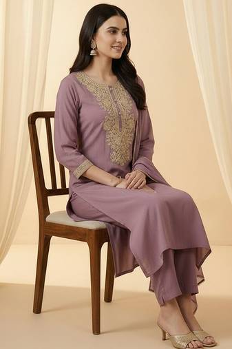 Women Ethnic Motifs Embroidered Regular Kurta with Trousers & With Dupatta