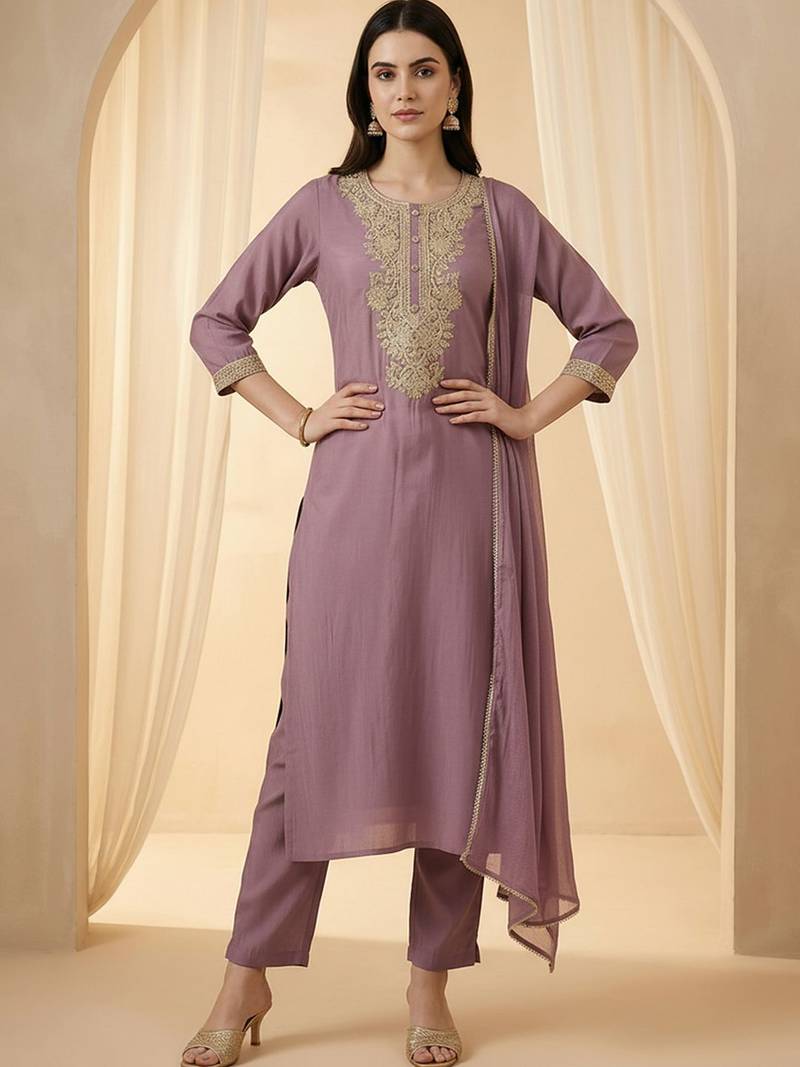 Women Ethnic Motifs Embroidered Regular Kurta with Trousers & With Dupatta