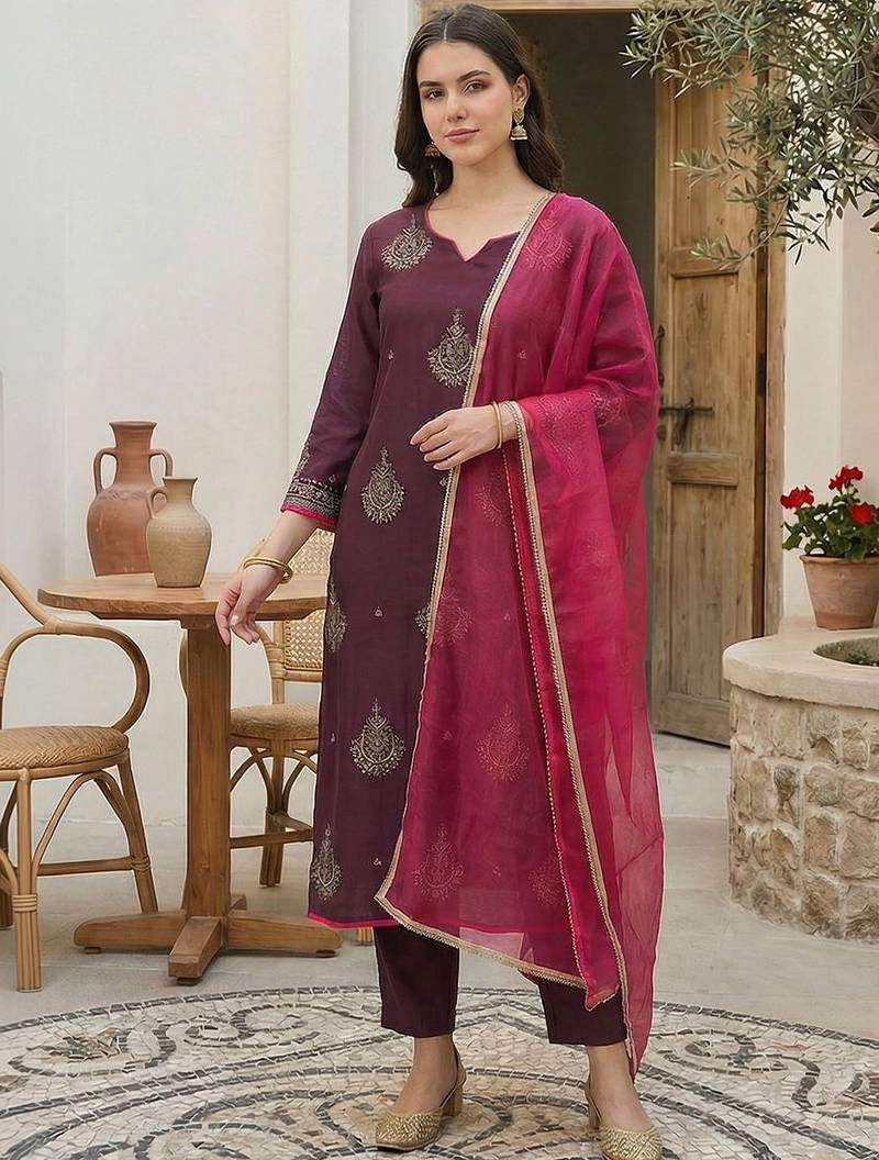 Motifs Embroidered Regular Sequinned Liva Kurta with Trousers & With Dupatta