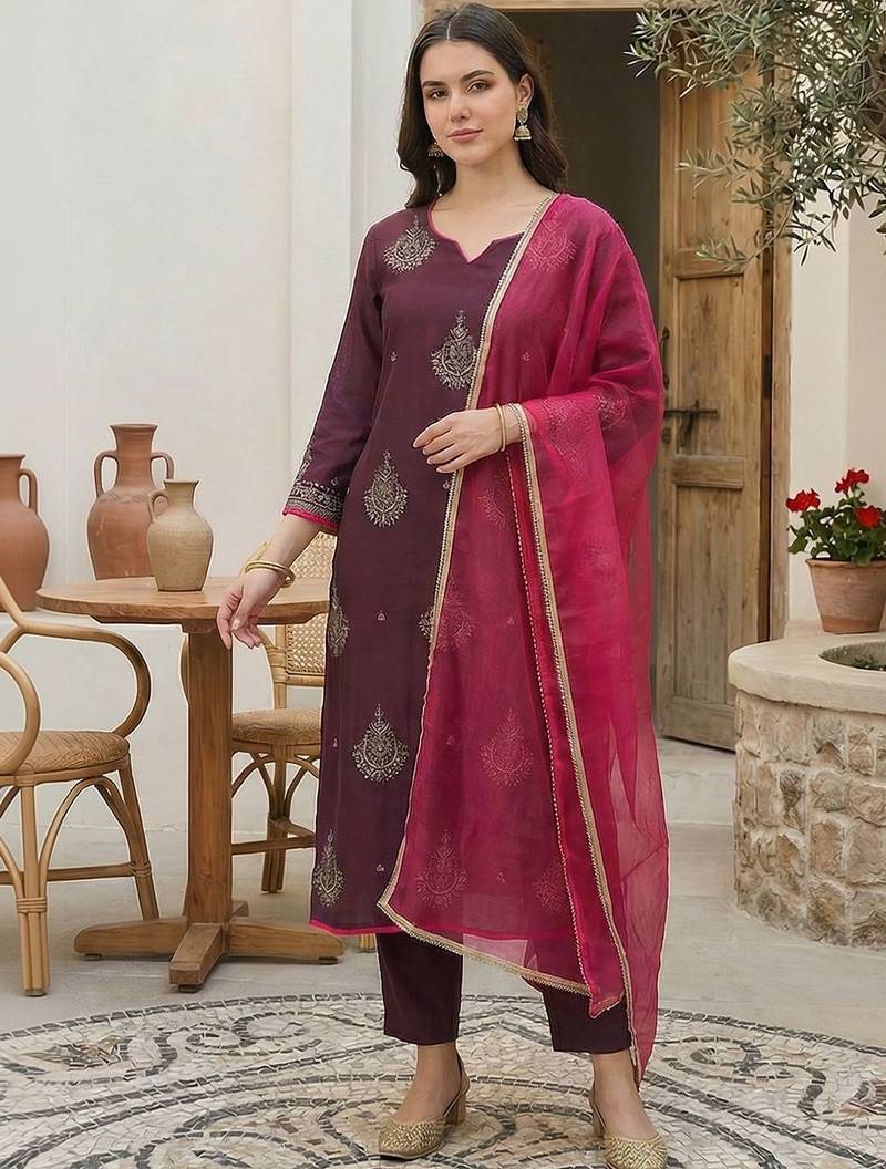 Motifs Embroidered Regular Sequinned Liva Kurta with Trousers & With Dupatta