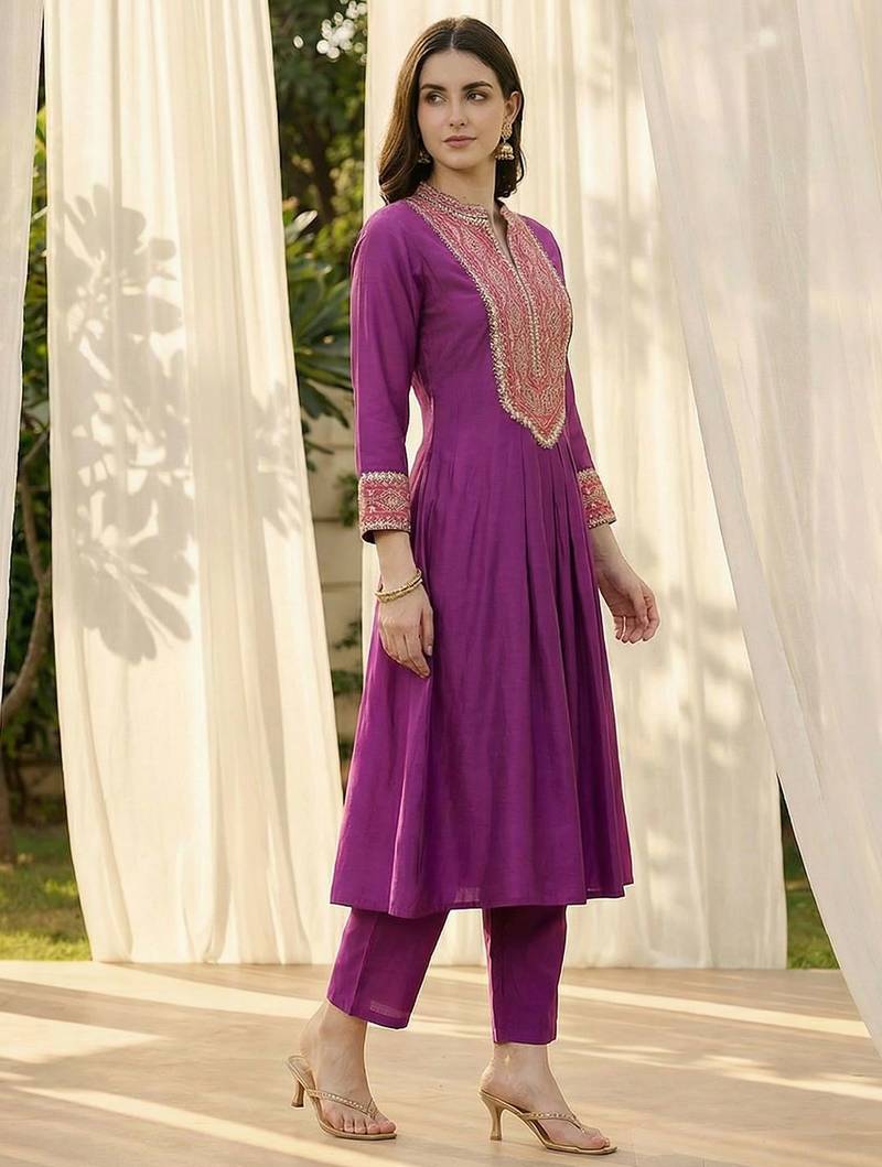 Women Ethnic Motifs Embroidered Pleated Mirror Work Kurta with Trousers