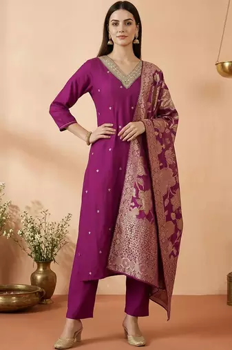 Women Ethnic Motifs Embroidered Regular Kurta with Trousers & With Dupatta