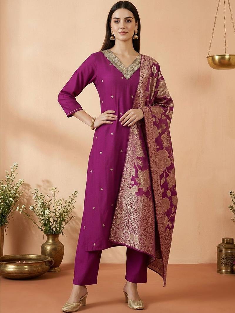 Women Ethnic Motifs Embroidered Regular Kurta with Trousers & With Dupatta
