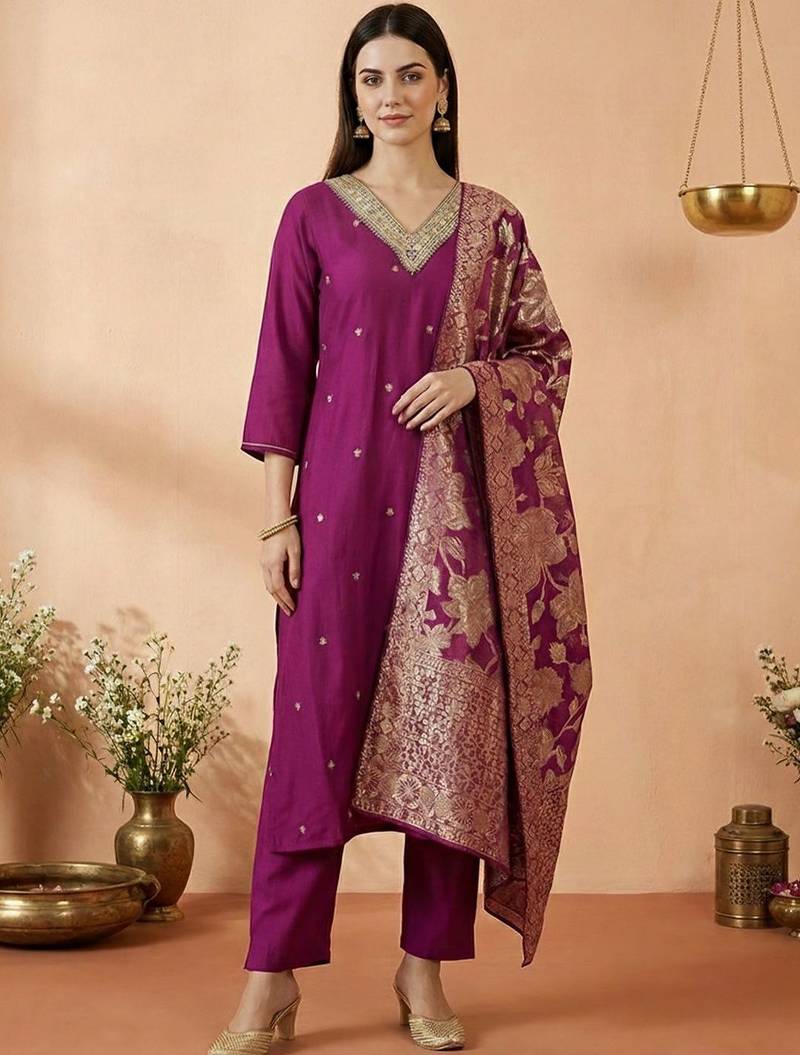 Women Ethnic Motifs Embroidered Regular Kurta with Trousers & With Dupatta