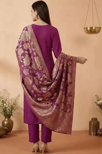 Women Ethnic Motifs Embroidered Regular Kurta with Trousers & With Dupatta