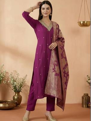 Women Ethnic Motifs Embroidered Regular Kurta with Trousers & With Dupatta 6