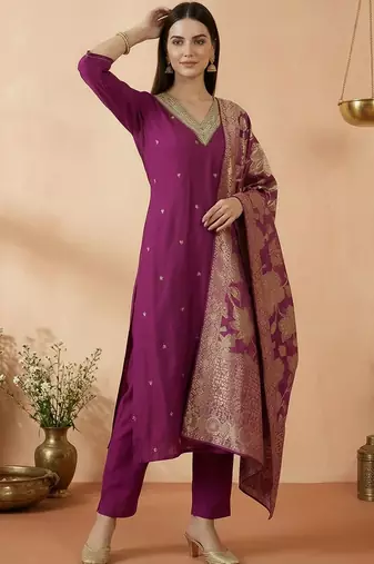 Women Ethnic Motifs Embroidered Regular Kurta with Trousers & With Dupatta