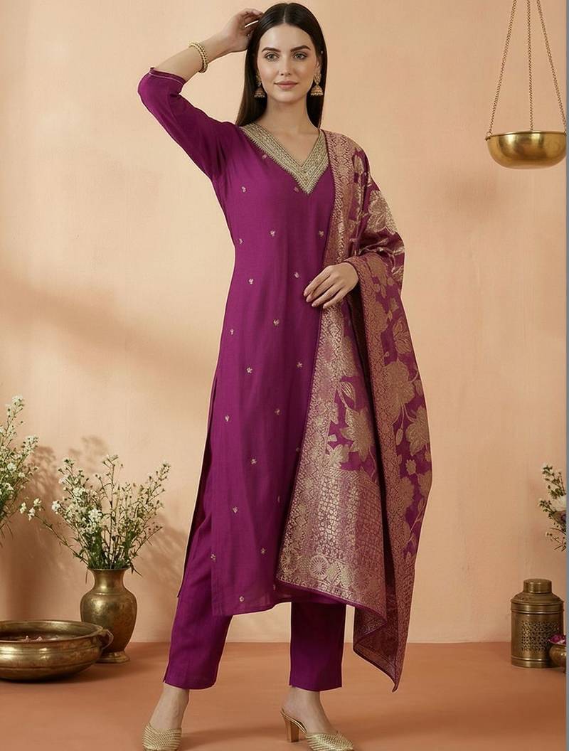 Women Ethnic Motifs Embroidered Regular Kurta with Trousers & With Dupatta