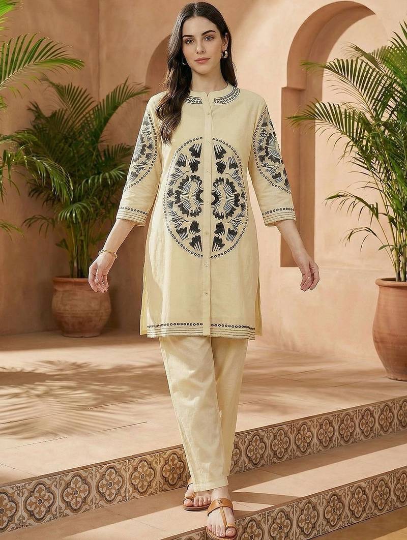 Women Embroidered Regular Thread Work Pure Cotton Kurta with Palazzos