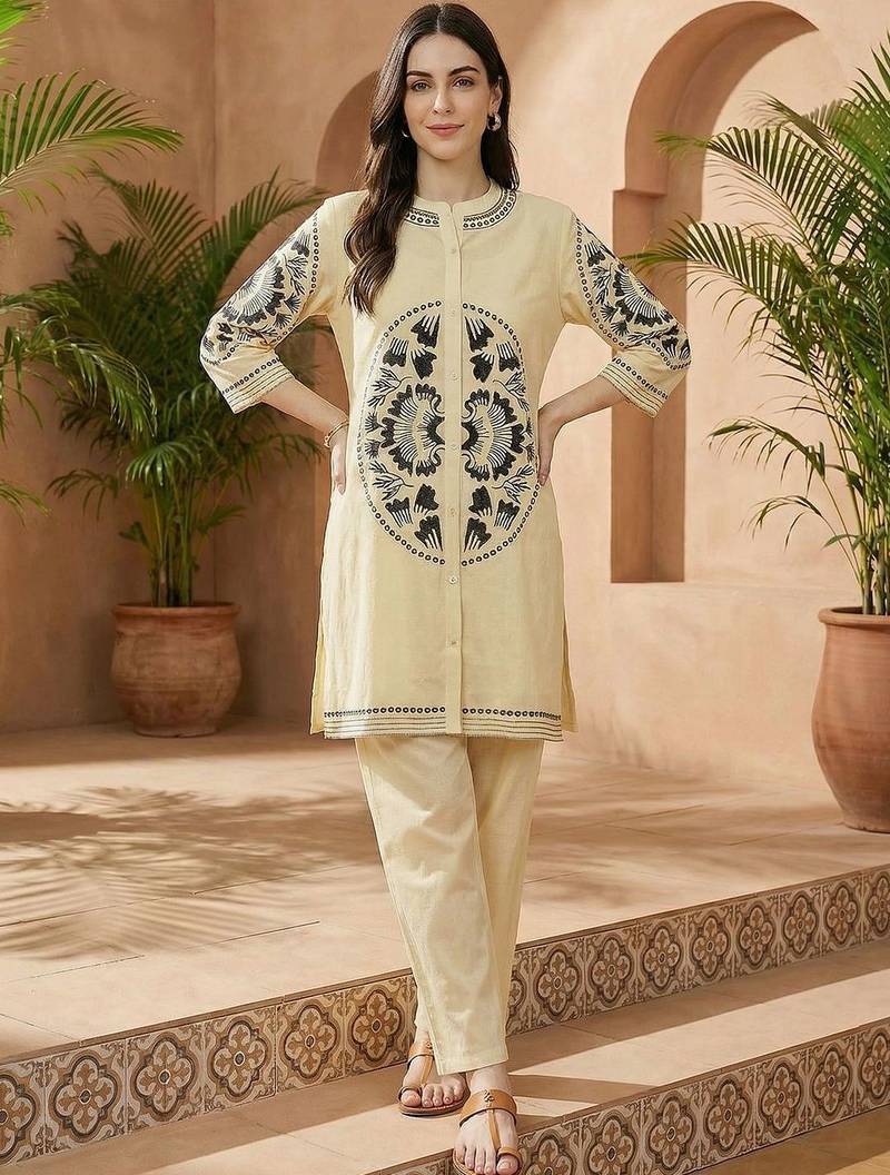 Women Embroidered Regular Thread Work Pure Cotton Kurta with Palazzos