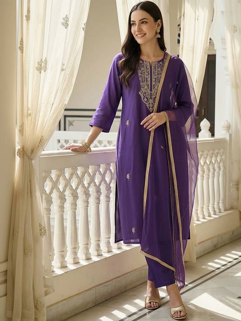 Women Ethnic Motifs Embroidered Regular Kurta with Trousers & With Dupatta
