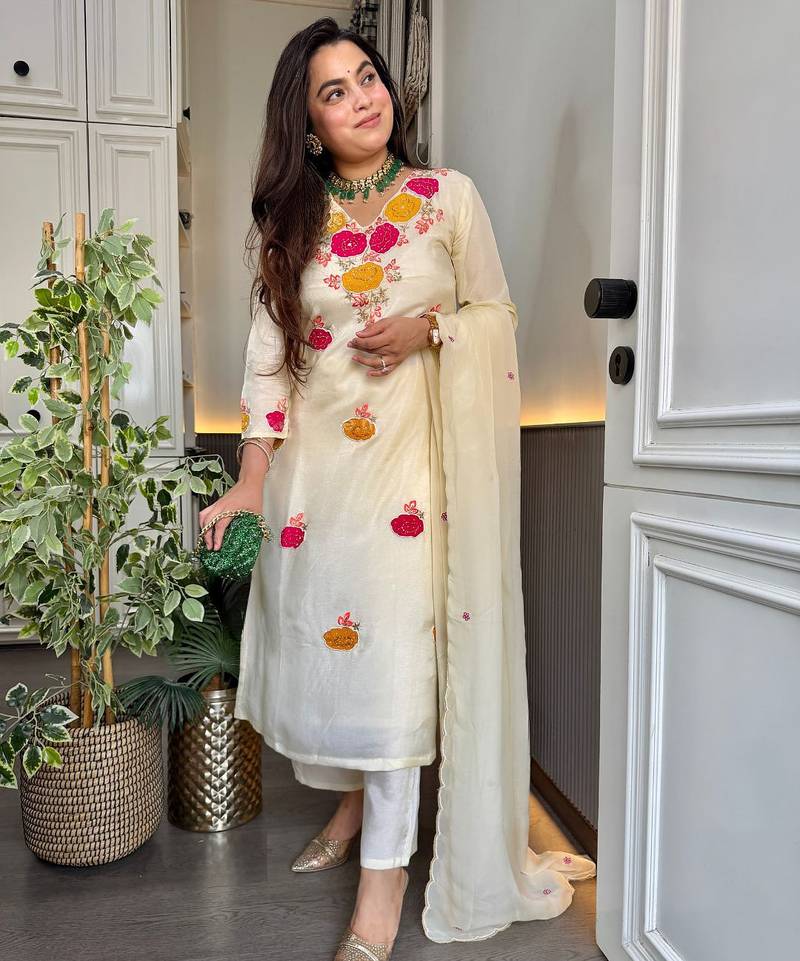 Embroidered Roman Chanderi Straight Kurta Pant and Dupatta Set