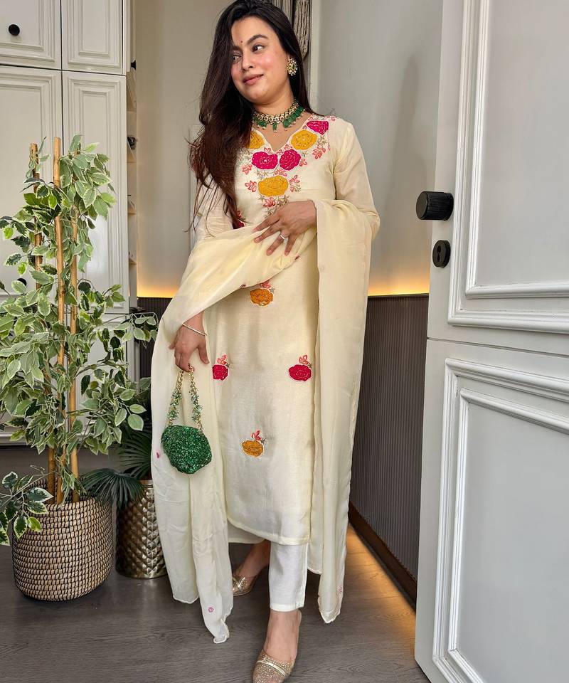 Embroidered Roman Chanderi Straight Kurta Pant and Dupatta Set