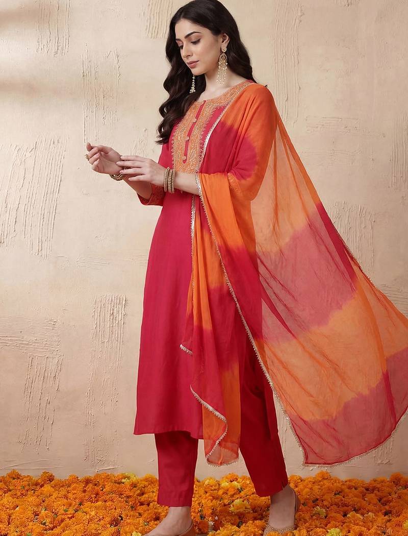 Women Ethnic Motifs Regular Kurta with Trousers & With Dupatta