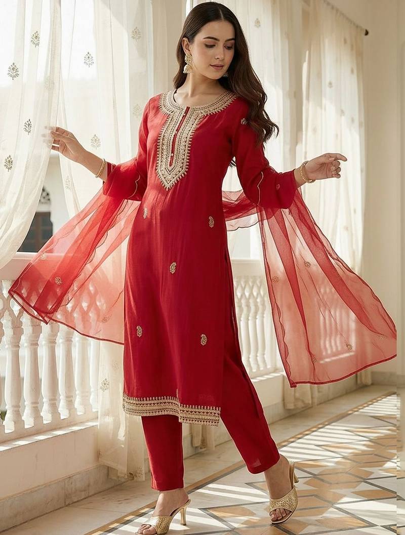 Women Floral Embroidered Regular Kurta with Trousers & With Dupatta