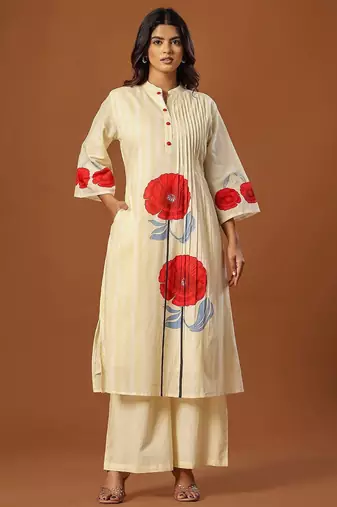 Women Floral Printed Regular Thread Work Pure Cotton Kurta with Trousers