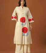 Women Floral Printed Regular Thread Work Pure Cotton Kurta with Trousers