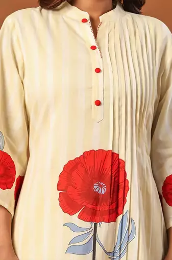 Women Floral Printed Regular Thread Work Pure Cotton Kurta with Trousers