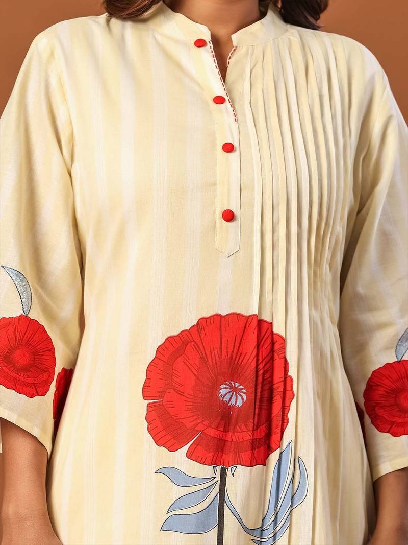 Women Floral Printed Regular Thread Work Pure Cotton Kurta with Trousers