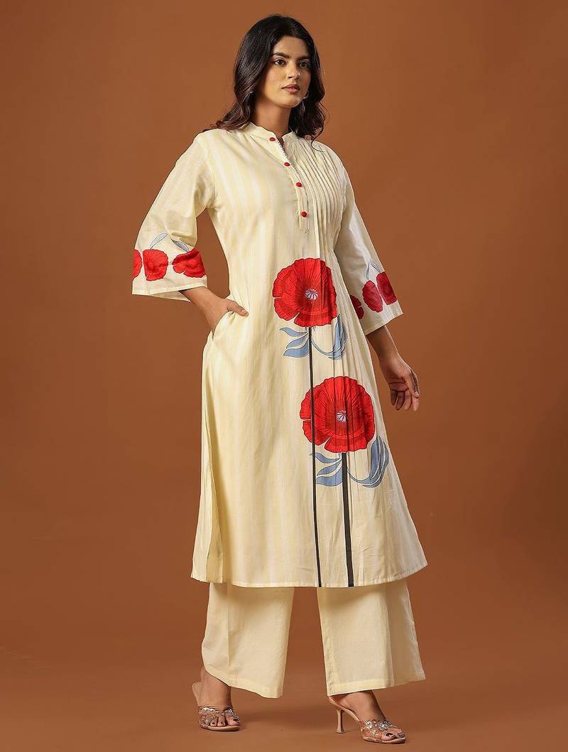 Women Floral Printed Regular Thread Work Pure Cotton Kurta with Trousers